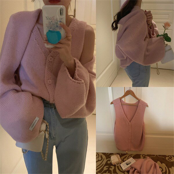 ファッション レトロ 気質 ニットベスト＋カーディガン2点 セットアップ