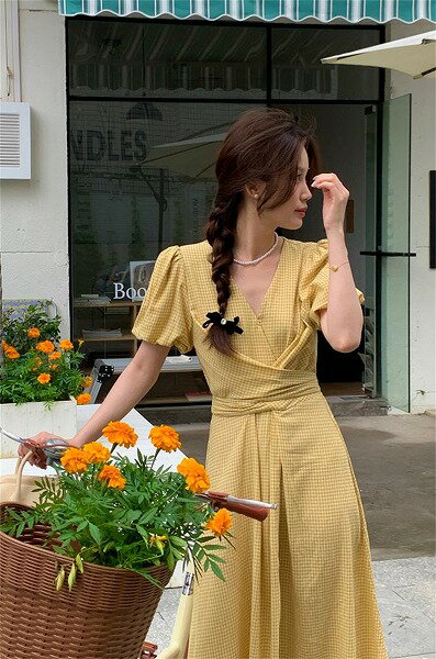 ランタンスリーブ Vネック チェック柄 カジュアルワンピース