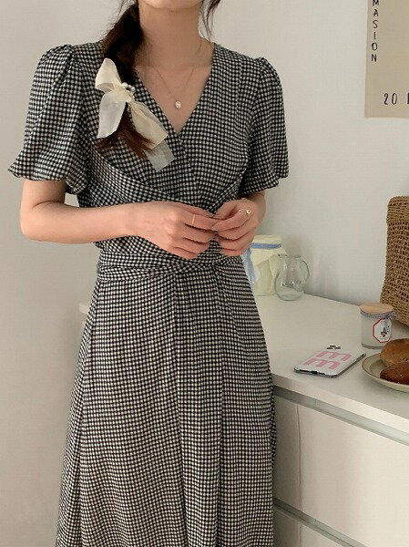 ランタンスリーブ Vネック チェック柄 カジュアルワンピース