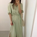 韓国風 超人気 レトロ 着痩せ 合わせやすい Vネック ロングワンピース