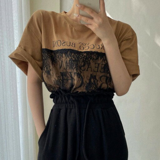 レトロ レース飾り 半袖 ラウンドネック プリント アルファベットTシャツ レトロ レース飾り 半袖 ラウンドネック プリント アルファベットTシャツ