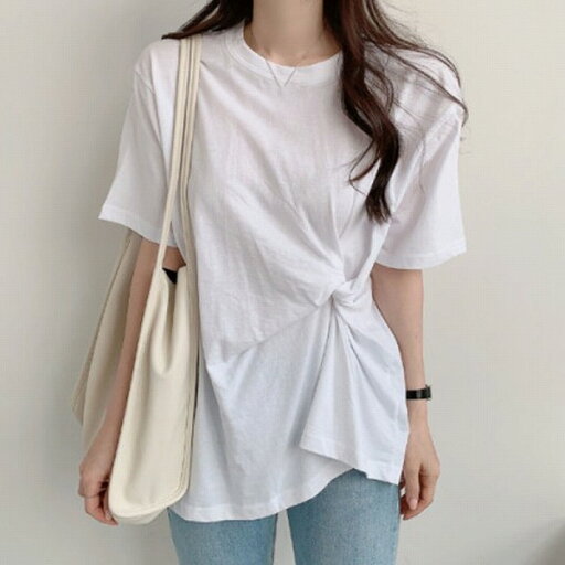 カジュアル シンプル プリーツ 半袖 ラウンドネック プルオーバー Tシャツ カジュアル シンプル プリーツ 半袖 ラウンドネック プルオーバー Tシャツ