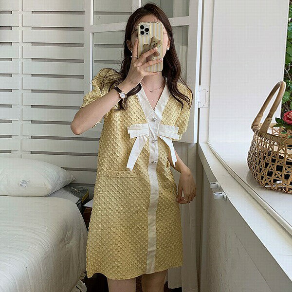 ゆったり リボン パフスリーブ Vネック チェック柄 ボタン カジュアルワンピース