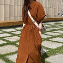 気質 ゆったり シングルブレスト ロング 袖丈 ポケット カジュアルワンピース