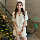 韓国風 気質chic Vネックトップ+ハイウエストショーツセット