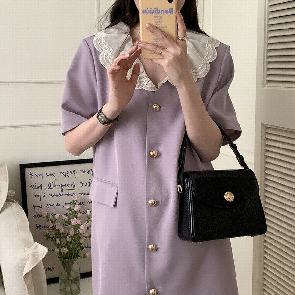 レトロ 半袖 レース シングルブレスト 膝丈 ポケット 夏 カジュアルワンピース