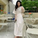 着瘦せ プリーツ ベルスリーブ ラウンドネック 着丈 ロング 夏 ロングワンピース