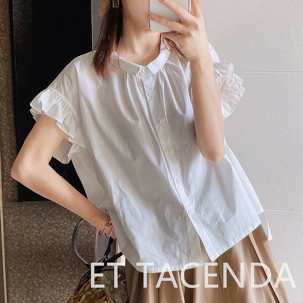 ファッション ラウンドネック 半袖 フリルスリーブ シングルブレスト シャツ