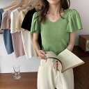 6色展開シンプル可愛い無地Vネックギャザー飾りニットTシャツ