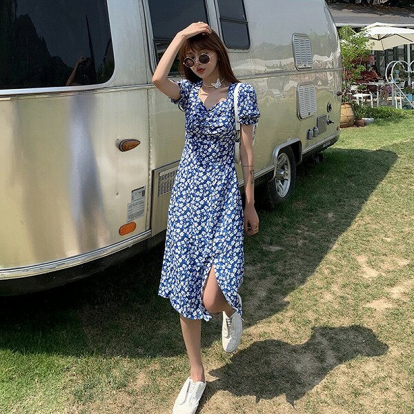 ins超人気 レトロ スリット レーシング Vネック 花柄 着丈 ロング プリントワンピース