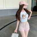 レイジー風 合わせやすい プリントTシャツ+ハイウエストデニムショートパンツ