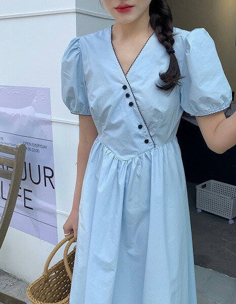 スウィート パフスリーブ Vネック ハイウエスト 春 カジュアルワンピース