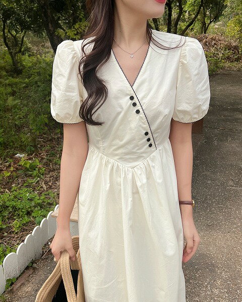 スウィート パフスリーブ Vネック ハイウエスト 春 カジュアルワンピース