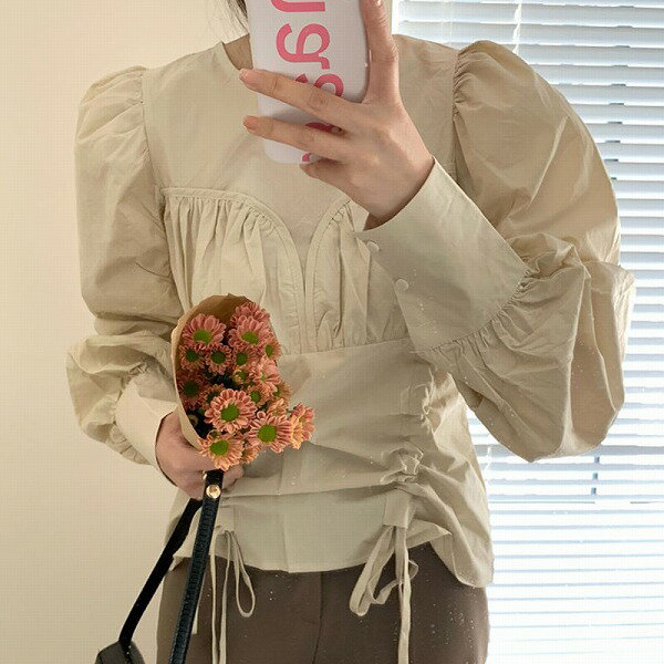 レトロ プリーツ パフスリーブ ラウンドネック デコレーション 春 シャツ/ブラウス