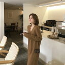 レイジー風 ゆったり ニット生地 Vネック ロング 膝下丈 ニットワンピース