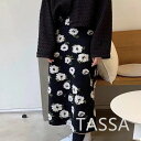韓国系 レトロ ハイウエスト 裏起毛 ロング 花柄 冬 スカート