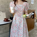 気質 優しい チェリープリント ドレス エレガント Vネック 花柄 ロングワンピース 韓国系