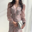 超気質 シンプル 花柄 長袖 Vネック ギャザー チュニック ロングワンピース 韓国系