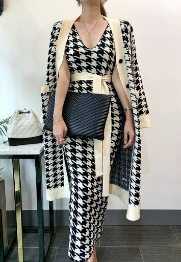 気質 初秋 ニット 千鳥格子 Vネック チュニック ロングワンピース+ロングコート 気質 初秋 ニット 千鳥格子 Vネック チュニック ロングワンピース+ロングコート