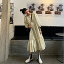 可愛い 長袖ランタンスリーブ スカラップ スクエアネック ロングワンピース ゆったり