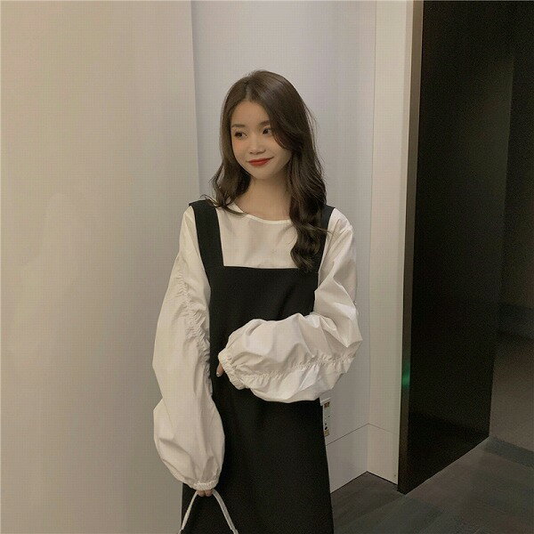 可愛い 体型カバー 長袖パフスリーブ ラウンドネック Tシャツ+サロペットスカート
