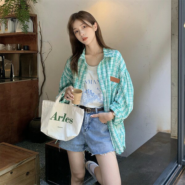 気質 ゆったり 体型カバー シンプル長袖シャツ チェック シングルブレスト ブラウス