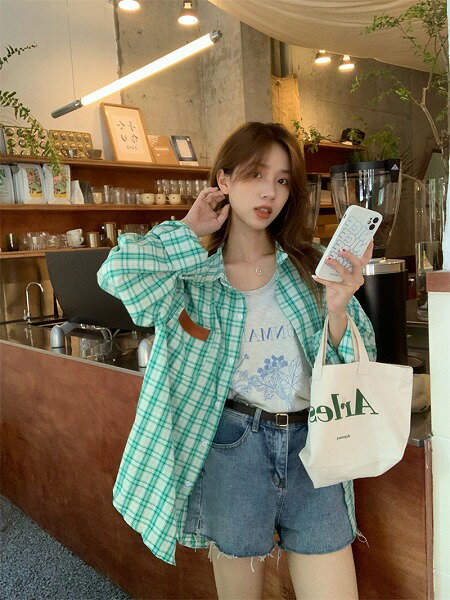 気質 ゆったり 体型カバー シンプル長袖シャツ チェック シングルブレスト ブラウス