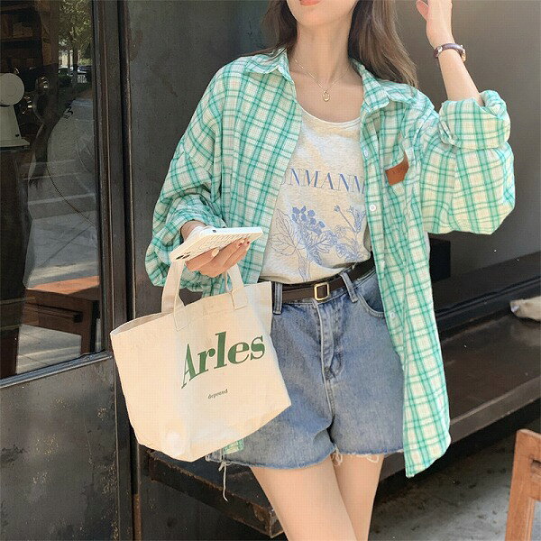 気質 ゆったり 体型カバー シンプル長袖シャツ チェック シングルブレスト ブラウス