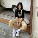 可愛い スウィート プリント ブラックTシャツ+ロングパンツ セット スボーツウェア