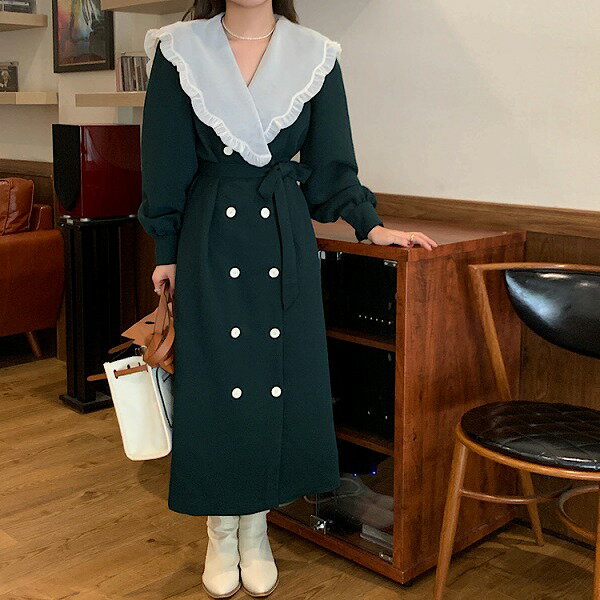 ins超人気 ★着&#30246;せ ダブルブレスト ロングベルト付き 秋 カジュアルワンピース