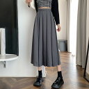 ★大人気レトロキャンパス通勤/OL韓国系無地ロングAライン切り替えプリーツスカート