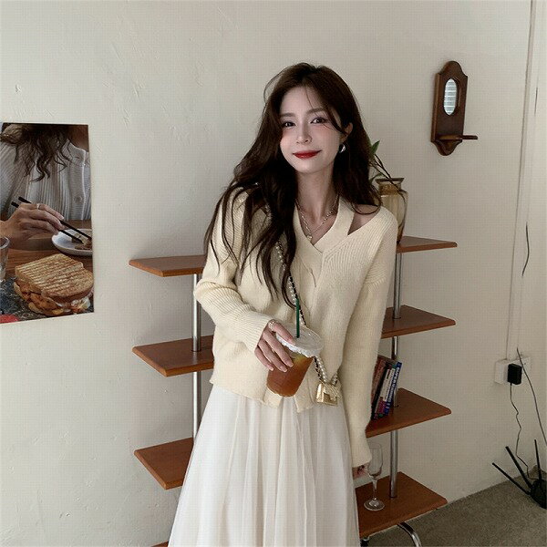 気質 スウィート エレガント 透かし彫り 長袖 ニットセーター+チュールスカート