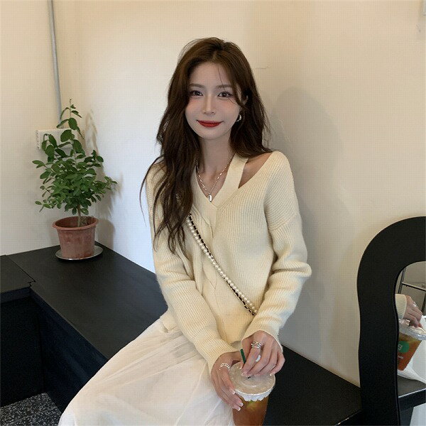 気質 スウィート エレガント 透かし彫り 長袖 ニットセーター+チュールスカート