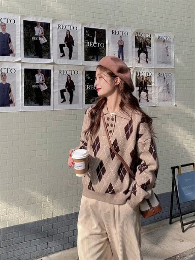 ins超人気 ★ゆったり チェック 折り襟 ダブルブレスト 長袖セーター ins超人気 ★ゆったり チェック 折り襟 ダブルブレスト 長袖セーター