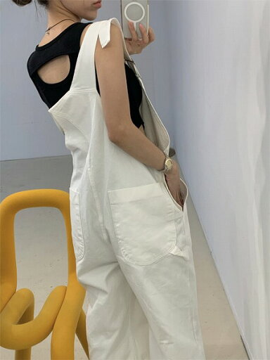 ★韓国風 若く見え スクエアネック ポケット オールインワン/サロペット