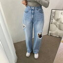 ★個性的 設計感 韓国系 カジュアル系 デニム ジーンズ ハイウエスト ロングパンツ