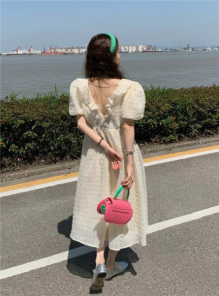 ★可愛い パフスリーブ シャツ ワンビース レディース 半袖スカート 韓国ファッション