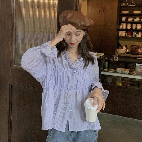 ファッション レトロ シンプル 長袖 シングルブレスト シャツ/ブラウス