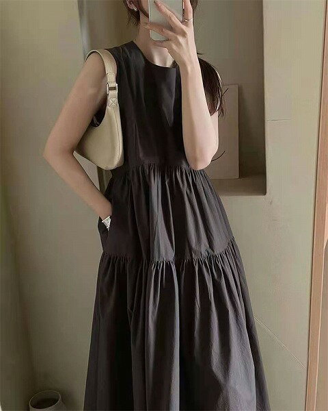 新作 シンプル ゆったり ノースリーブ ラウンドネック キャミソールワンピース