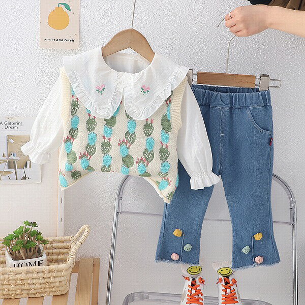 新作 春服 子供服 女の子 ブラウス ベスト デニムジーンズ セットアップ 3点セット 韓国風 80-120cm