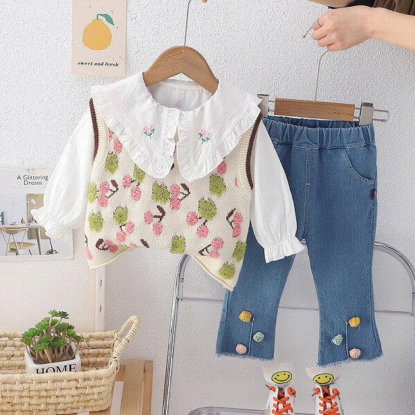 新作 春服 子供服 女の子 ブラウス ベスト デニムジーンズ セットアップ 3点セット 韓国風 80-120cm