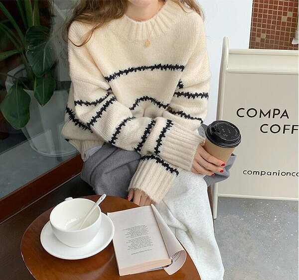 秋新しい 韓国風　 長袖ニットトップ， 気質ファッションプルオーバーセーター★★F