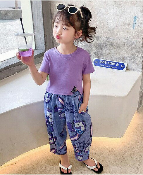 子供服夏服★女の子半袖Tシャツ+ズボン ★ファッション2点セット ★韓国風子供夏服★90-150
