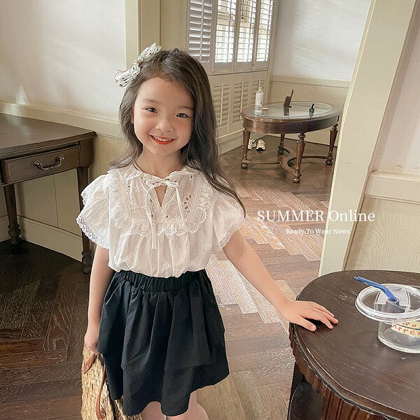 新作 可愛い子供用 女の子気質レース半袖白シャツ夏服上着+黒いスカート セットアップ