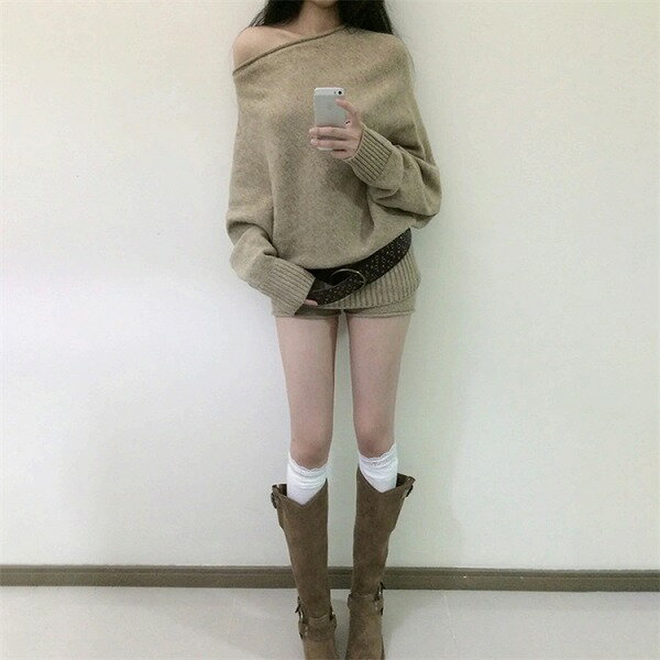 デコルテきれい ショートパンツ セーター ニットトップス 伸縮性のあるウエスト 長袖 2点セット