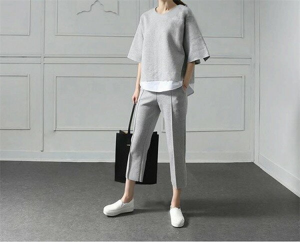 ロングパンツ スプリットフェイク2ピース 上着 クロップドパンツ セットアップ