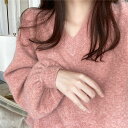 レディース・長袖・セーター・ゆったり・V襟・簡素・トップス 春秋冬