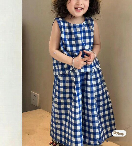 夏新作 女の子 チェック 上着+ 七分ワイドパンツ ズボン 2点 セット 夏服 子供服