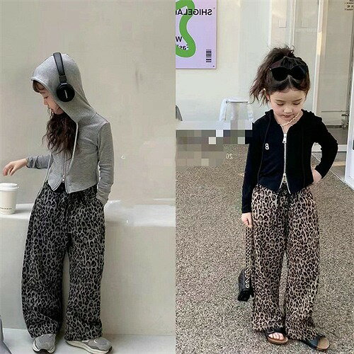 新作 春 シャツ 韓国子供服 キッズ服 男女 トップス ジッパーシャツ+ヒョウ柄長ズボン