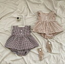 夏新作 韓国子供服 INS 小格子 飛袖 チョッキ+ショートパンツ セット 子供服